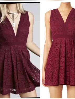 Free People Lovely In Lace Burgundy Cut Out Mini Dress Medium EUC